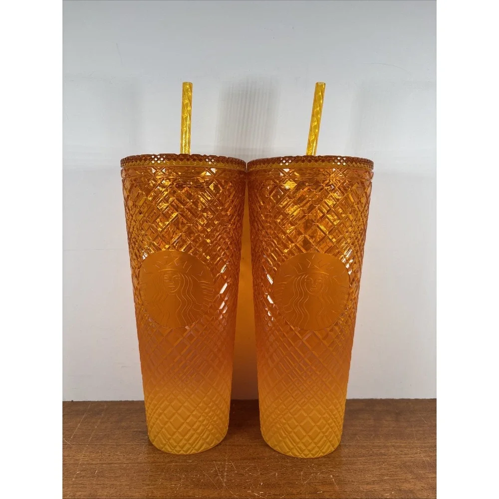 Starbucks Summer 2022 Cold Cup Venti‎ 24oz Yellow Mango Ombre Jeweled Tumbler